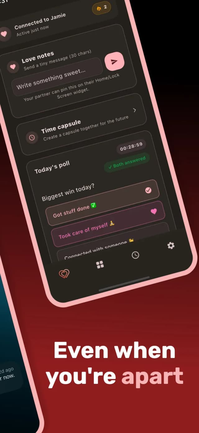 Lovestruck home screen with love notes and daily poll